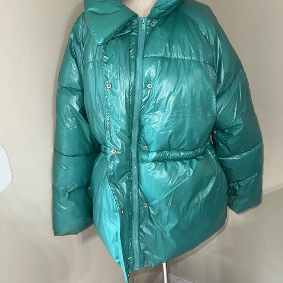 A New Day Women's Green Mid Length Puffer Coat Zip Snap Collared Size Large EUC - Picture 13 of 16